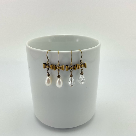 Crystal Teardrop & Bow Earrings, Handmade, Art Nouveau Style, Antique Brass - Picture 6 of 6